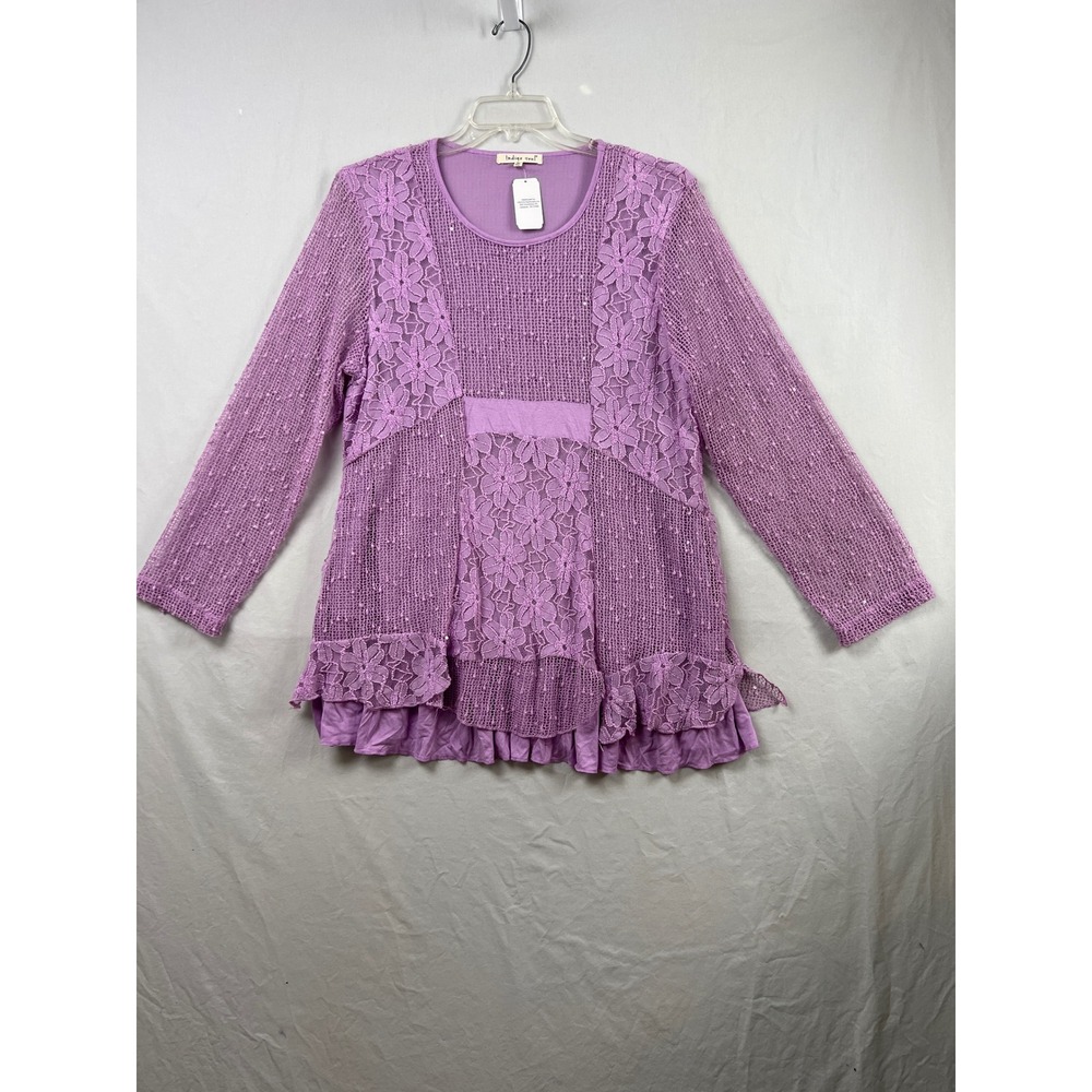 Indigo Soul Tunic Top Women XL Lavender Mixed Media Floral Lace Sequin Boho New